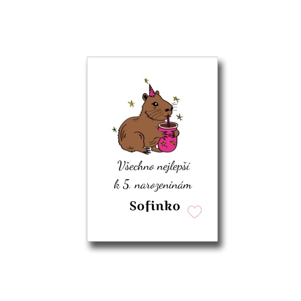 Přáníčko s potiskem Roztomilá capybara růžová narozeniny