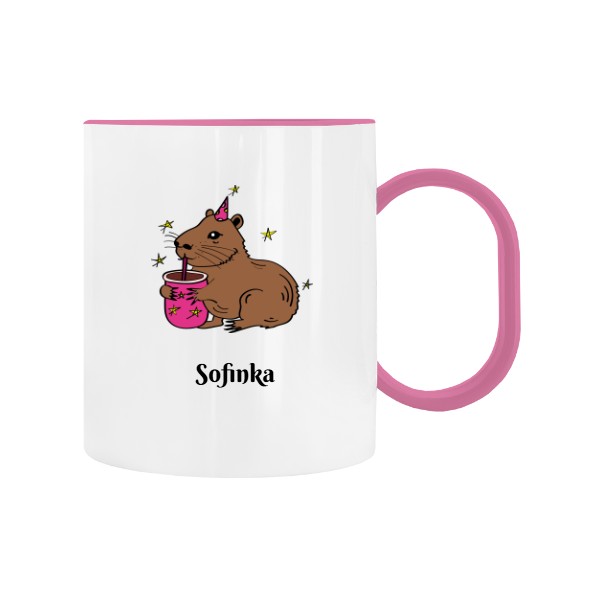 Dětský hrnek plastový s potiskem Roztomilá capybara růžová s hrnečkem